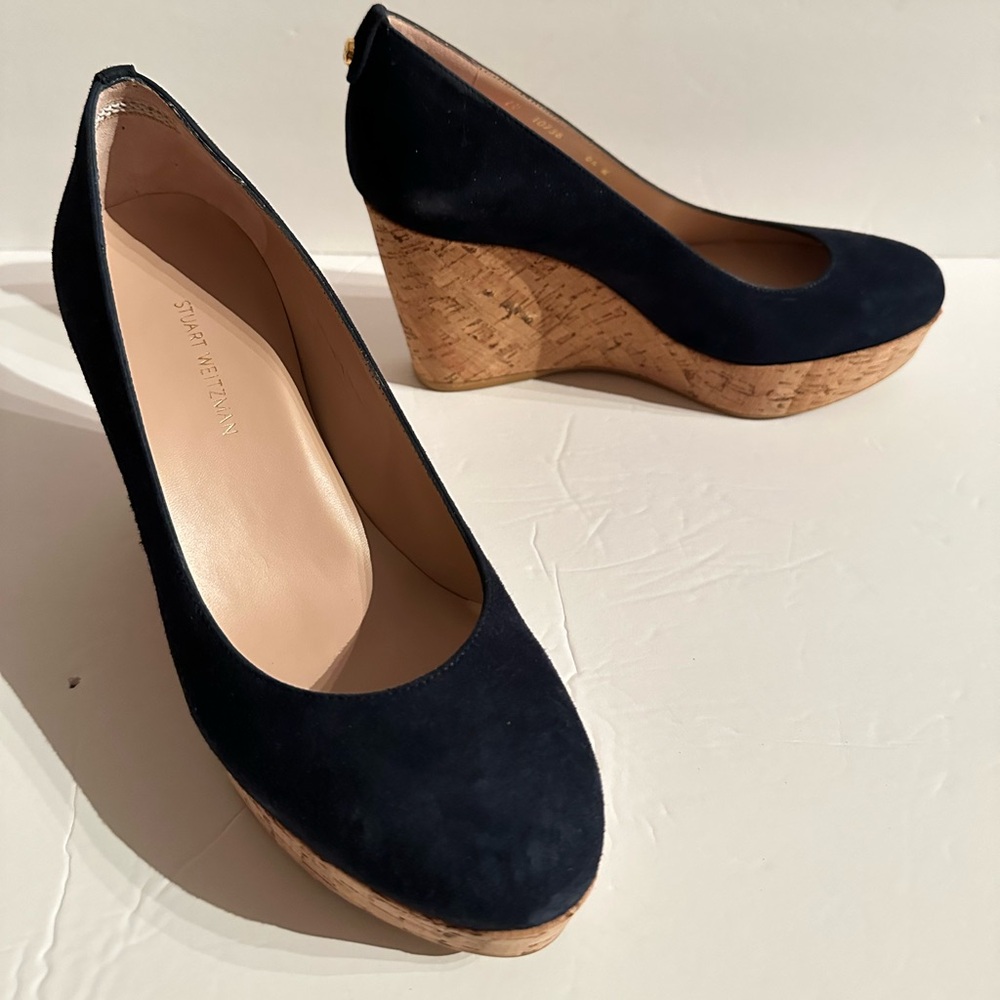 New Stuart Weitzman Corkswoon Wedges in Navy Suede sz 6.5